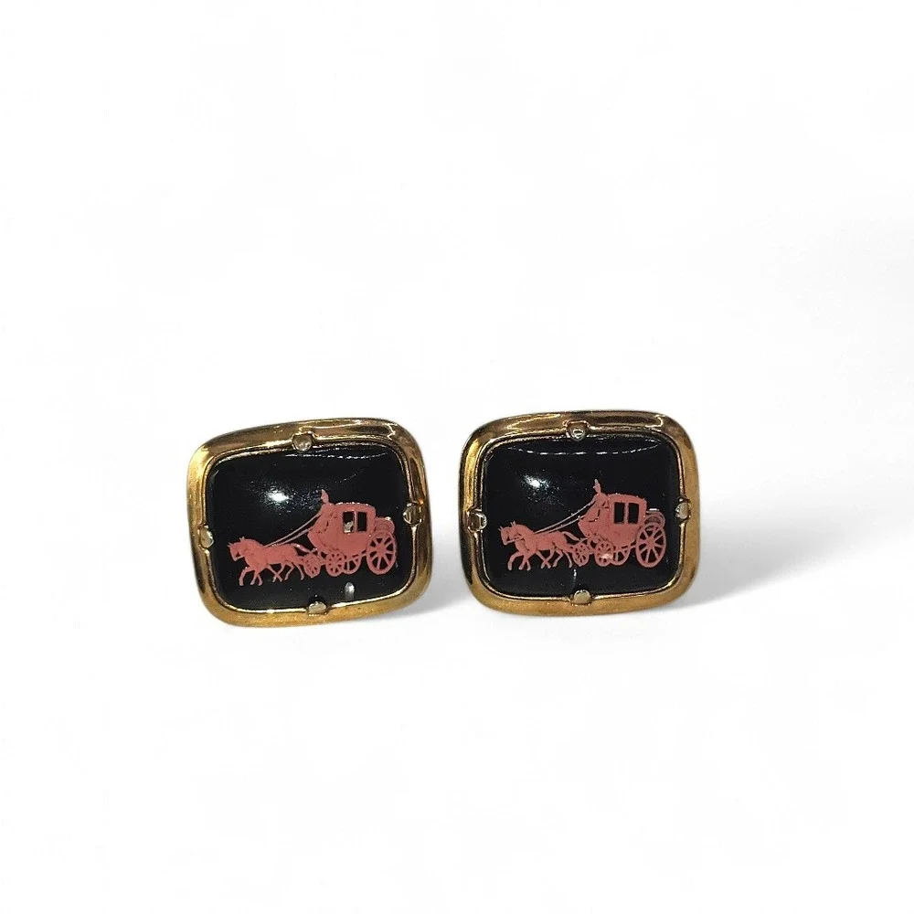 MCM‎ VTG Cufflinks Black Enamel Pink-tone 17th Century Horse and Carriage Scene